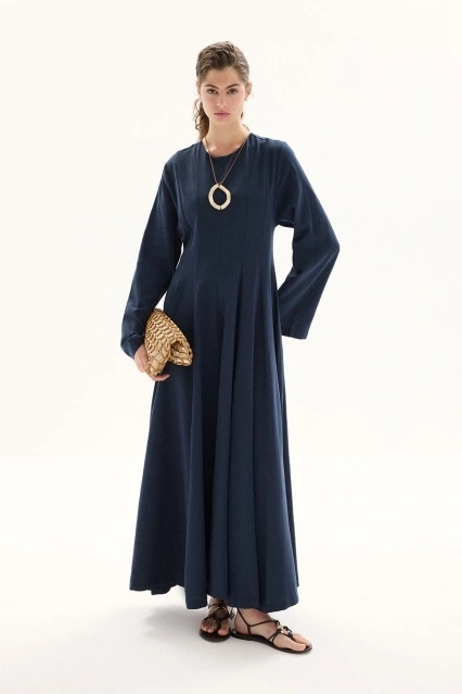 Organik Karışımlı Belden Oturma Detaylı Lacivert Elbise