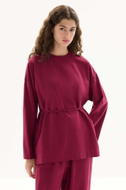 Organik Karışımlı Bisiklet Yaka Bordo Bluz