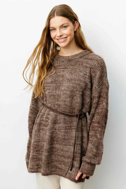 Örgü Motifli İp Kordon Açık Kahve Deri Kemer