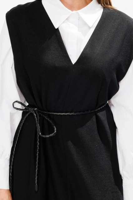 Örgü Motifli İp Kordon Siyah Deri Kemer