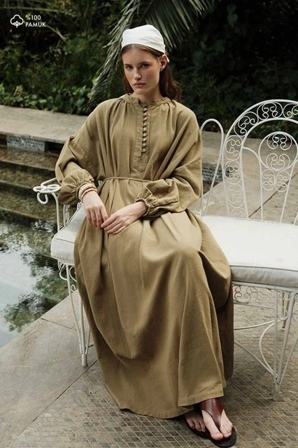 Oversize Keten Dokulu Haki Elbise