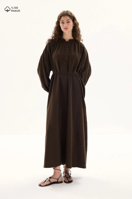 Oversize Keten Dokulu Kahve Elbise