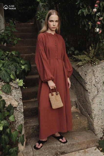Oversize Keten Dokulu Kiremit Elbise
