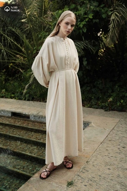 Oversize Keten Dokulu Naturel Elbise