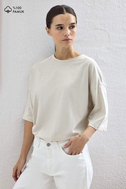 Oversize Kısa Kol Bej Pamuklu Tişört