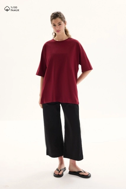 Oversize Kısa Kol Bordo Pamuklu Tişört
