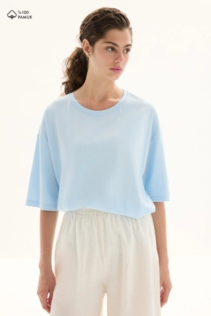 Oversize Kısa Kol Mavi Pamuklu Tişört