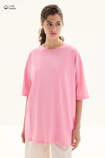 Oversize Kısa Kol Pembe Pamuklu Tişört