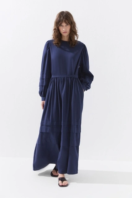 Pamuk Karışımlı Allerli Lacivert Elbise