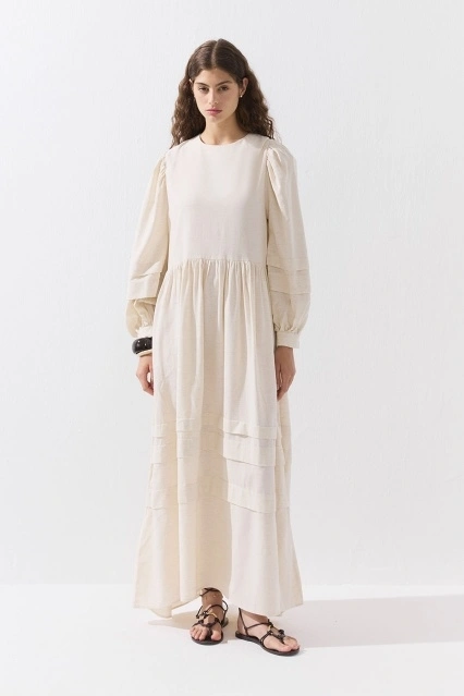 Pamuk Karışımlı Allerli Naturel Elbise