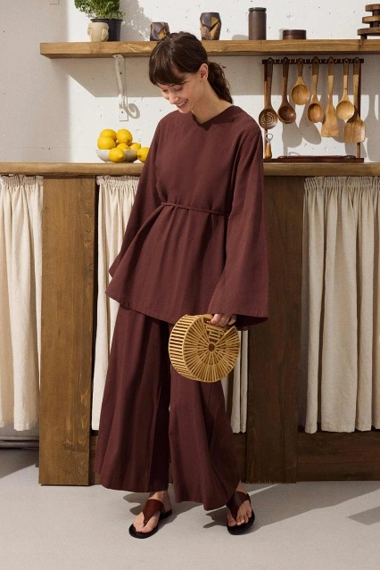 Pamuk Karışımlı Bluz Pantolon Bakır Takım