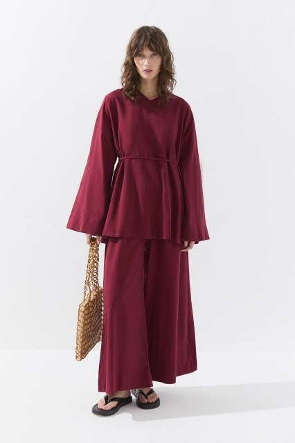 Pamuk Karışımlı Bluz Pantolon Bordo Takım