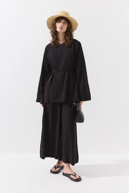 Pamuk Karışımlı Bluz Pantolon Siyah Takım