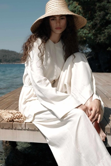 Pamuk Karışımlı Bluz Pantolon Vanilya Takım