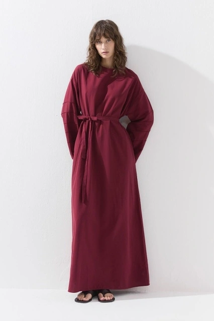 Pamuk Karışımlı Nervürlü Bordo Elbise Pamuk Karışımlı Nervürlü Bordo Elbise