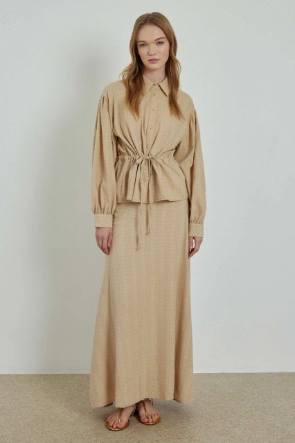 Pamuklu Floral Dokulu Etekli Bej Takım