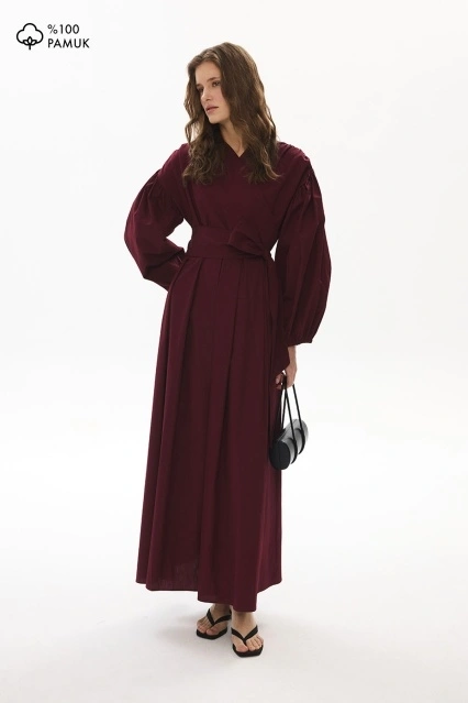 Pamuklu Kruvaze Bordo Elbise Pamuklu Kruvaze Bordo Elbise