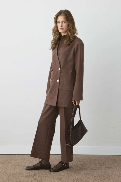 Panama Örgü Pantolonlu Kahve Takım