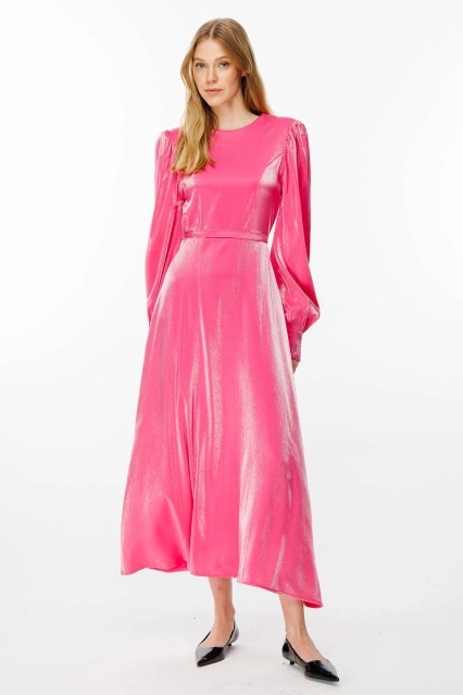 Parlak Dokulu Balon Kol Fuşya Elbise