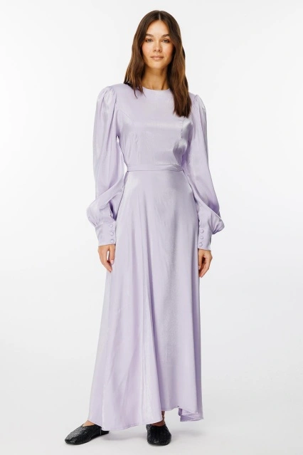 Parlak Dokulu Balon Kol Lila Elbise