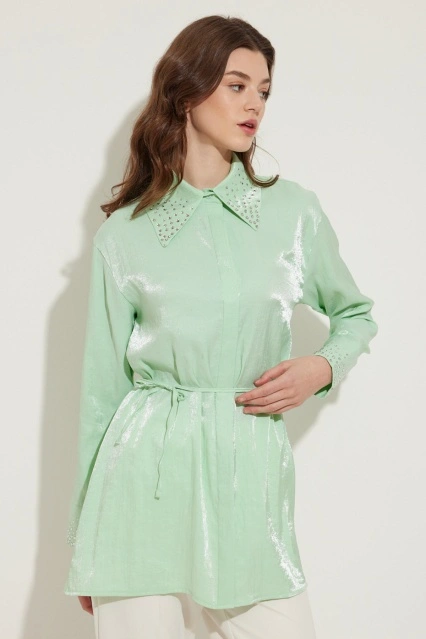 Parlak Taşlı Oversize Mint Yeşili Gömlek