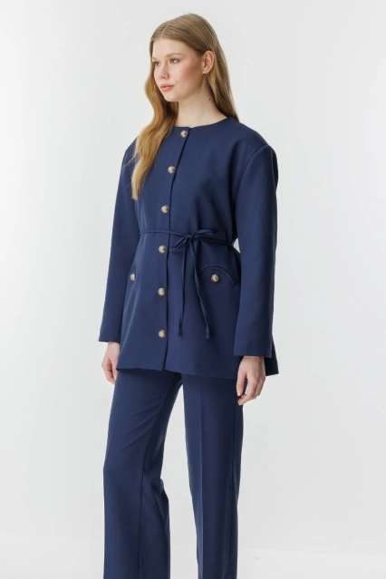 Peri Gold Düğme Detaylı Lacivert Pantolon Takım