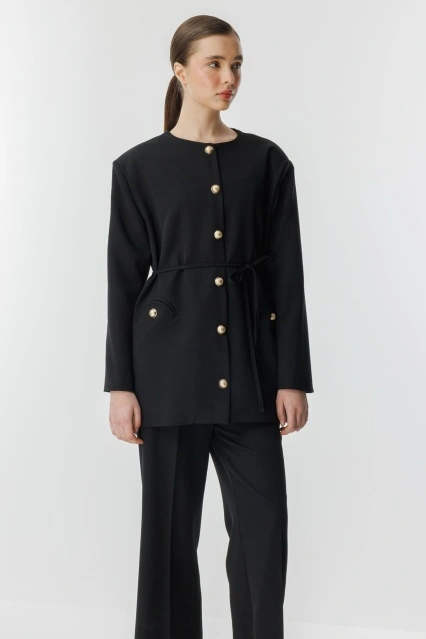 Peri Gold Düğme Detaylı Siyah Pantolon Takım