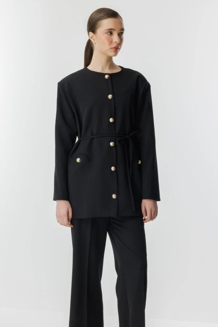 Peri Gold Düğme Detaylı Siyah Pantolon Takım