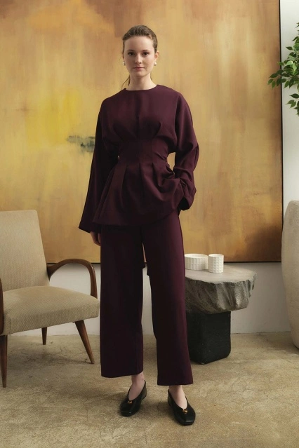 Pile Detaylı Bluz Burganya Pantolon Takım