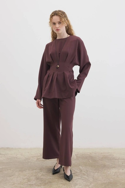 Pile Detaylı Bluz Çikolata Pantolon Takım