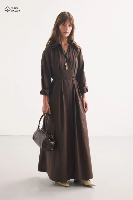 Pile Detaylı Kahve Gömlek Elbise
