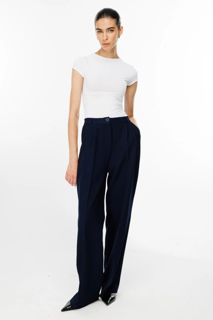 Pile Detaylı Lacivert Palazzo Pantolon