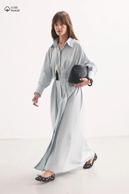 Pile Detaylı Soft Mavi Gömlek Elbise