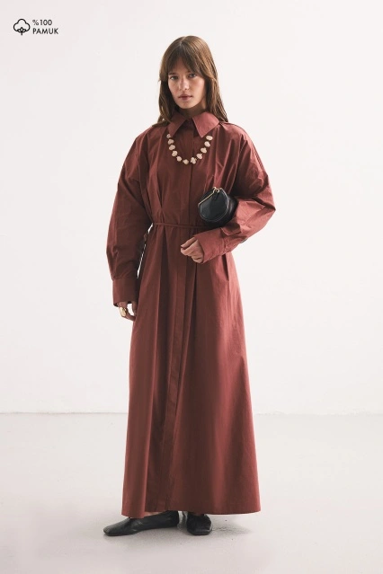 Pile Detaylı Tarçın Gömlek Elbise