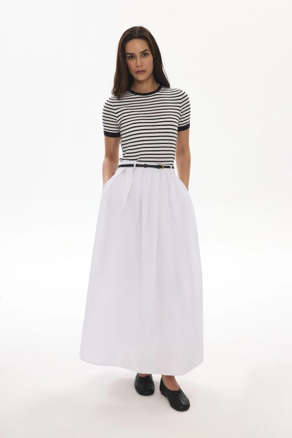 Pileli Beyaz Poplin Etek