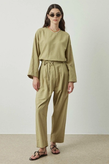 Pileli Çağla Keten Pantolon