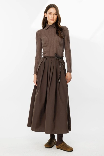 Pileli Kahve Poplin Etek