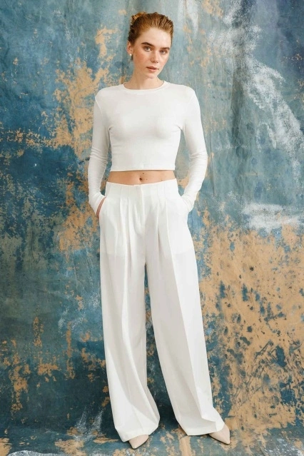 Pileli Palazzo Ekru Pantolon