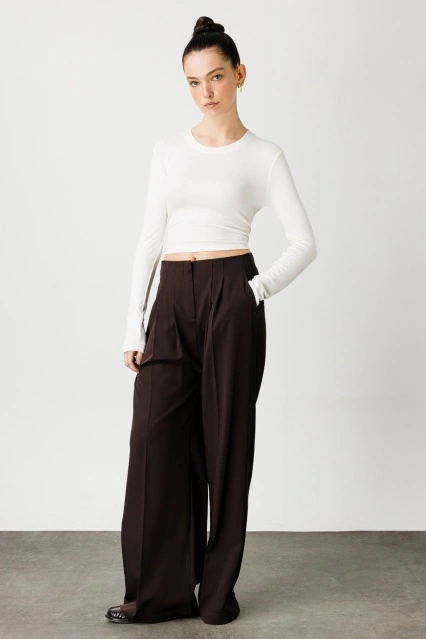 Pileli Palazzo Pantolon - Kahve