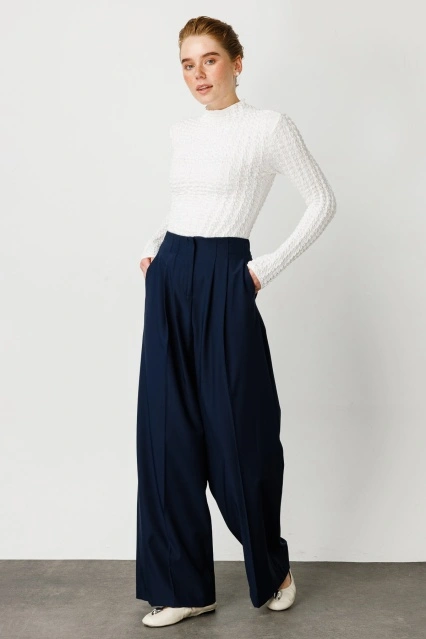 Pileli Palazzo Pantolon - Lacivert