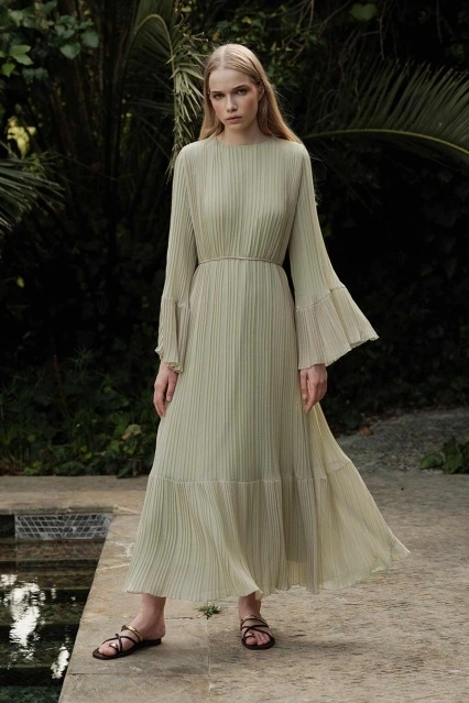 Pilise Detaylı Rahat Form Adaçayı Elbise