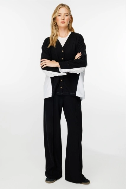 Poplin Triko Hırka Detaylı Siyah Pantolon Takım