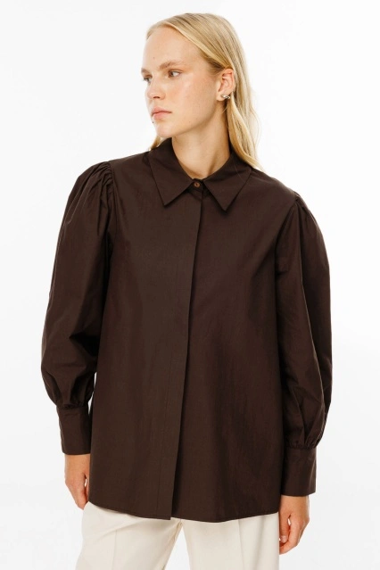 Premium Balon Kol Poplin Kahve Gömlek