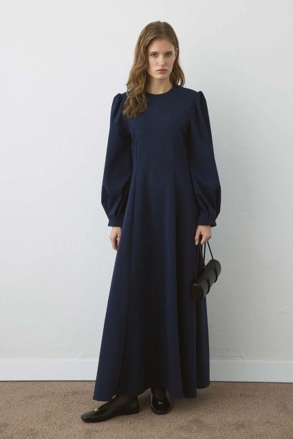 Premium Belden Oturma Detaylı Lacivert Elbise