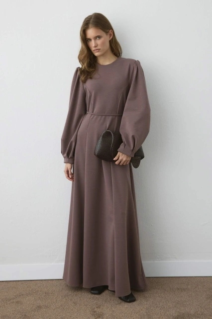 Premium Belden Oturma Detaylı Leylak Elbise