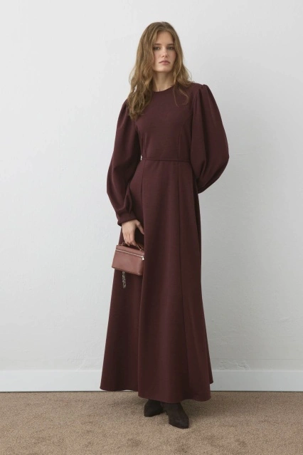 Premium Belden Oturma Detaylı Vişne Elbise