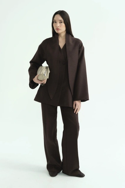 Premium Fular Bağlamalı Acı Kahve Ceket