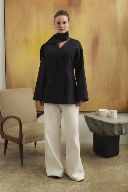 Premium Fular Bağlamalı Lacivert Ceket