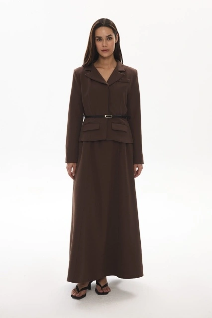 Premium Gold Kemer Detaylı Kahve Ceket Elbise Premium Gold Kemer Detaylı Kahve Ceket Elbise
