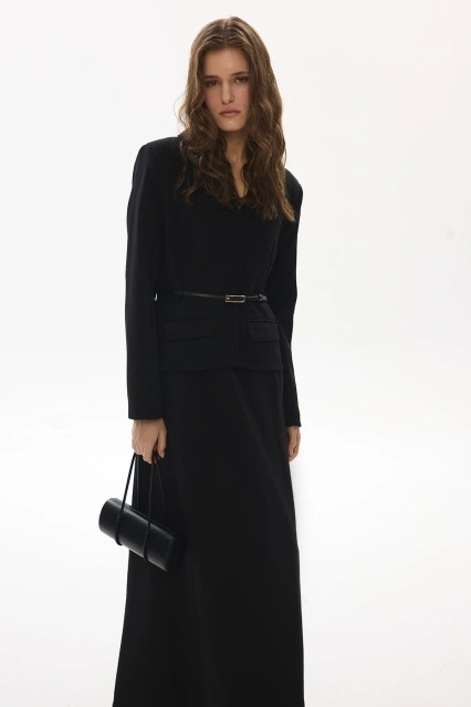 Premium Gold Kemer Detaylı Siyah Ceket Elbise Premium Gold Kemer Detaylı Siyah Ceket Elbise